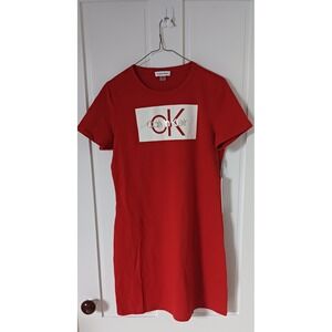 Orange Gold Text Calvin Klein Logo Short Sleeve T-Shirt Dress‎